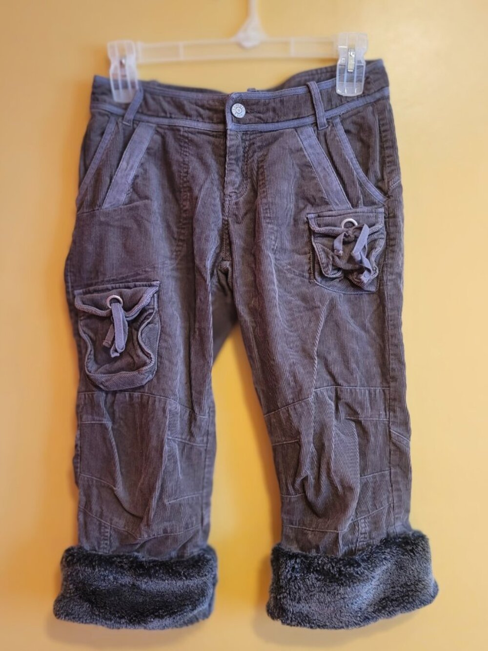 Vintage Y2K Faux Fur Trim Corduroy Cargo Capri Pants | Fairy Grunge